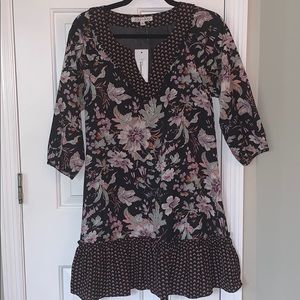 Floral and black 3/4 length sleeve dress